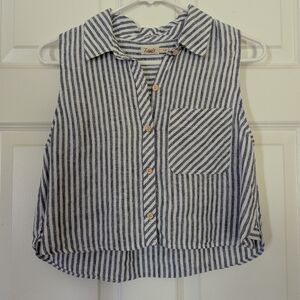 Faherty Blue and White Striped Sleeveless Crop Button-Up